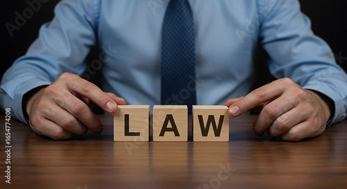 Businessman arranging wooden blocks spelling the word LAW on a wooden table