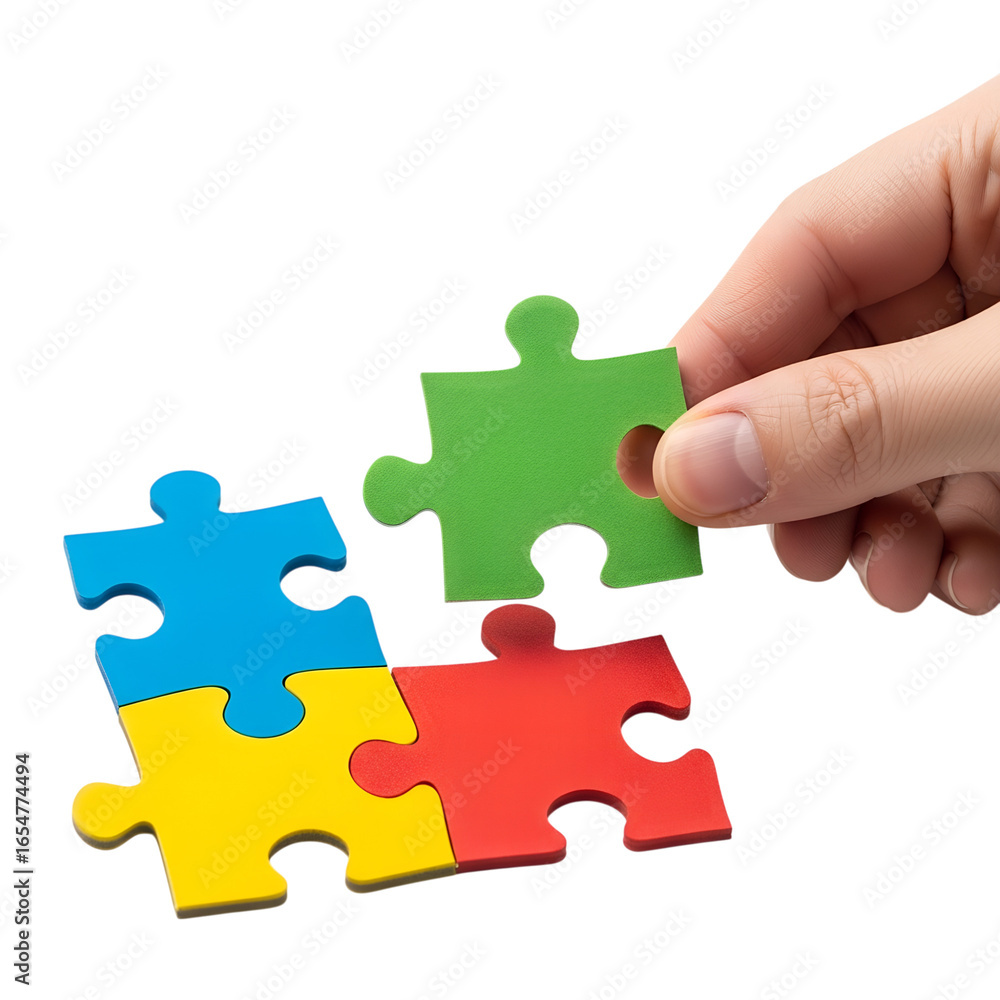 Obraz premium Hand Placing Green Puzzle Piece into Incomplete Square jigsaw PNG file isolated on transparent background cut out, clipping path, social media. 