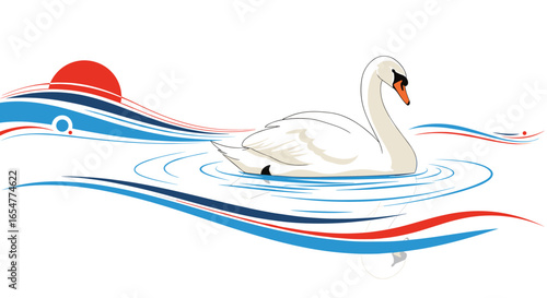 Elegant swan gracefully glides across rippling water near sunrise waves with red blue accents