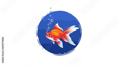 A majestic orange goldfish swims gracefully in a deep blue circular pond surrounded by rising bubbles