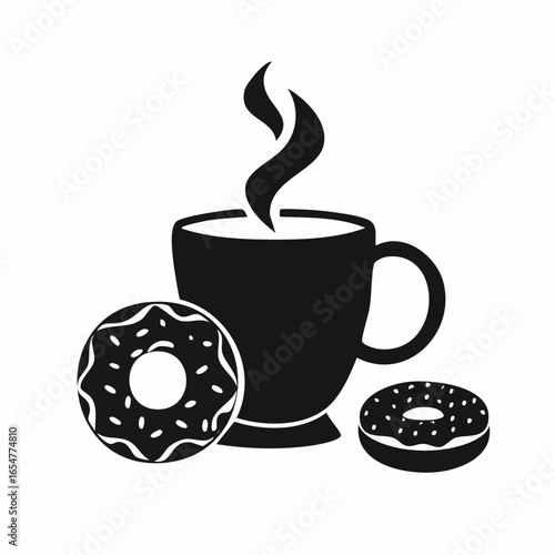 Black and white delicious coffee cup and donuts vector image on white background.