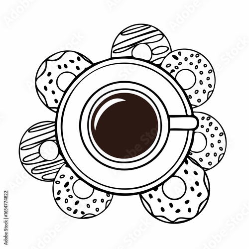 Black and white delicious coffee cup and donuts vector image on white background.