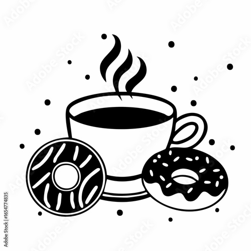 Black and white delicious coffee cup and donuts vector image on white background.