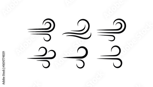 Stylized Wind and Air Flow Icons Collection in Black Isolated on White for Weather, Breeze, Motion, and Energy Design.