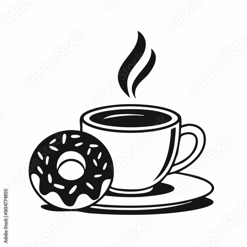 Black and white delicious coffee cup and donuts vector image on white background.