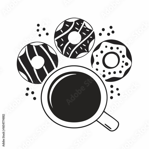 Black and white delicious coffee cup and donuts vector image on white background.