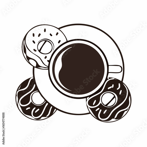 Black and white delicious coffee cup and donuts vector image on white background.