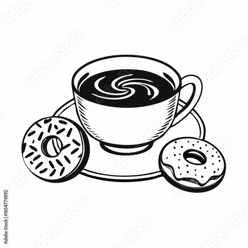 Black and white delicious coffee cup and donuts vector image on white background.