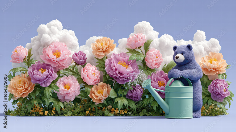Fototapeta premium Playful bear tending to vibrant garden filled with colorful peonies and lush greenery, creating cheerful and whimsical atmosphere. bear is watering flowers, showcasing love for nature