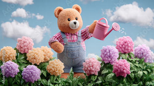 Playful bear in overalls waters vibrant garden filled with colorful flowers under bright blue sky. scene evokes joy and love for gardening