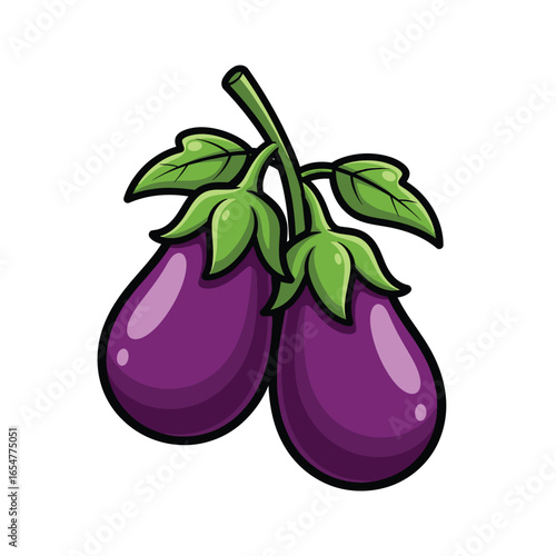 A cartoon illustration of two plump, purple eggplants attached to a single stem with vibrant green leaves.