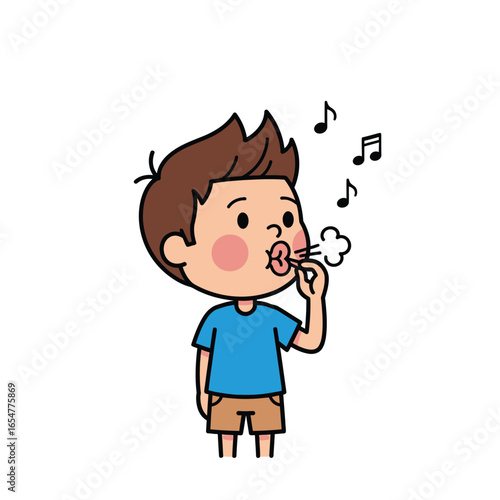 Cartoon boy whistling with musical notes and a puff of air coming from his mouth.