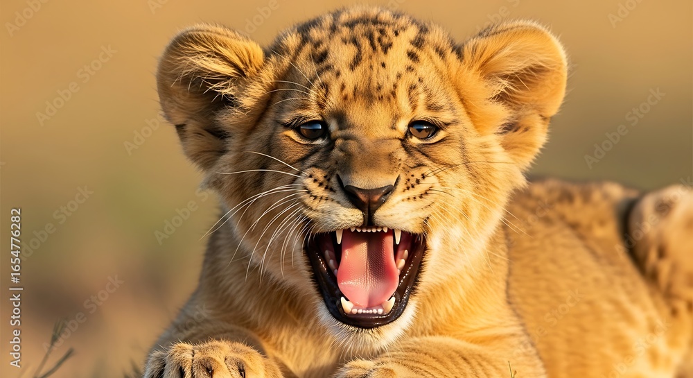 Obraz premium Adorable Baby Lion Cub Roaring Open Mouth Showing Teeth and Tongue in African Savannah with Soft Bokeh Background Majestic Wild Animal Portrait Close Up