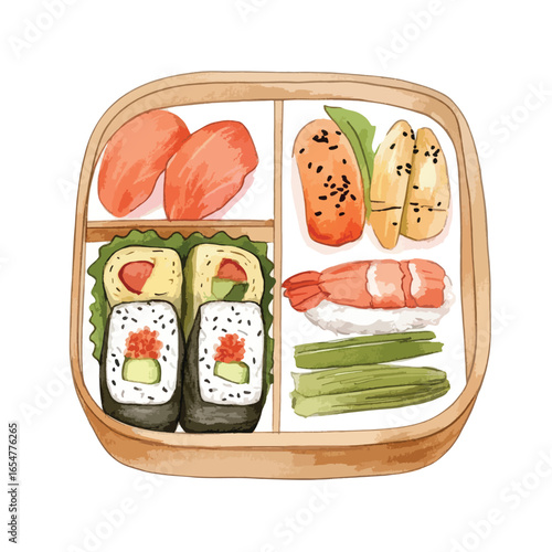 Watercolor Bento Box with Salmon Tamago Shrimp Nigiri and Maki Rolls