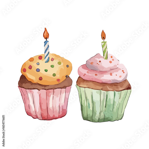 Watercolor Birthday Cupcakes with Candles Festive Treats