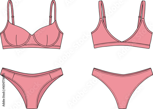 Women lingerie set, bra and panty design, bikini underwear template, fashion flat sketch, intimate apparel illustration, clothing technical drawing, garment design