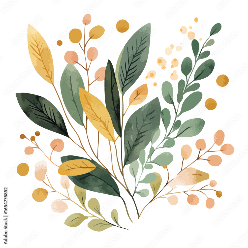 Obraz premium Watercolor botanical illustration featuring various leaves berries and dots in earthy tones