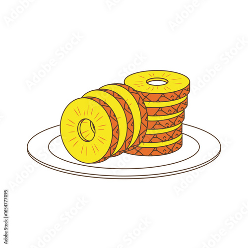A stack of perfectly sliced pineapple rings rests on a simple white plate.