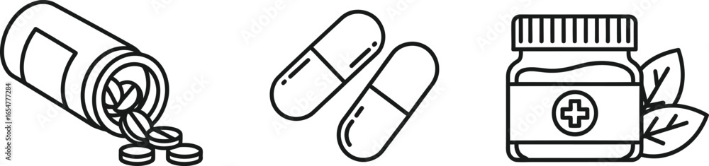 Fototapeta premium Vector art of pills, capsules, and medicine bottle icons