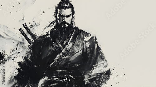 Ink wash painting of a samurai with long beard holding two swords