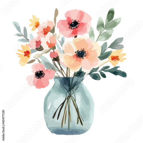 Watercolor Bouquet of Delicate Pastel Flowers in a Vase