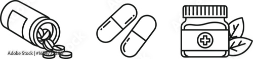 Vector art of pills, capsules, and medicine bottle icons