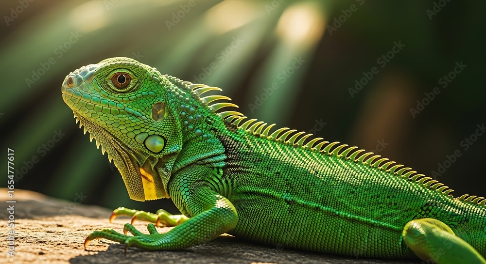 Fototapeta premium Vibrant Green Iguana Reptile Close Up Portrait Capturing Sunlight Rays Through Tropical Leaves In A Lush Forest Environment Symbolizing Wild Nature And Exotic Wildlife