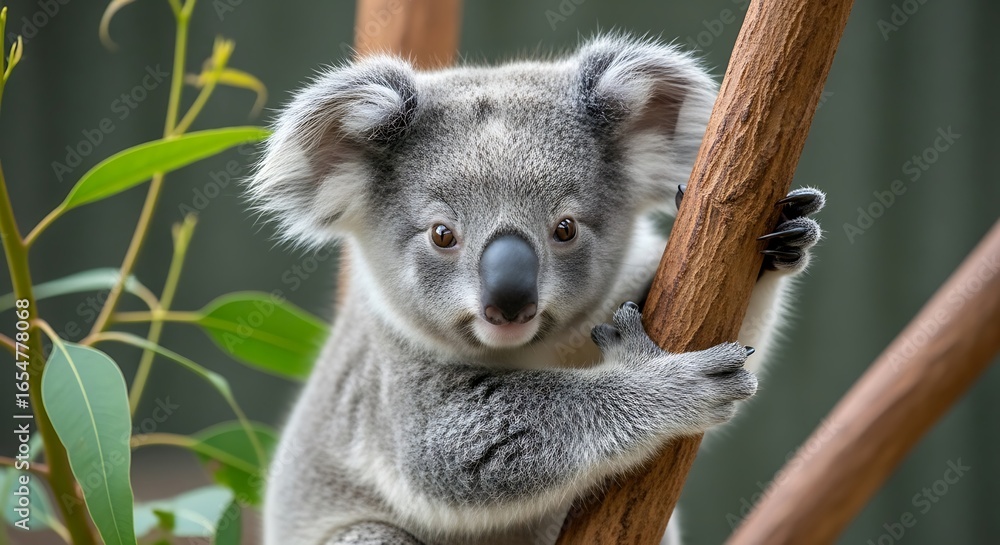 Naklejka premium Cute koala bear clinging to eucalyptus tree branch in Australian wilderness enjoying nature and wildlife conservation awareness