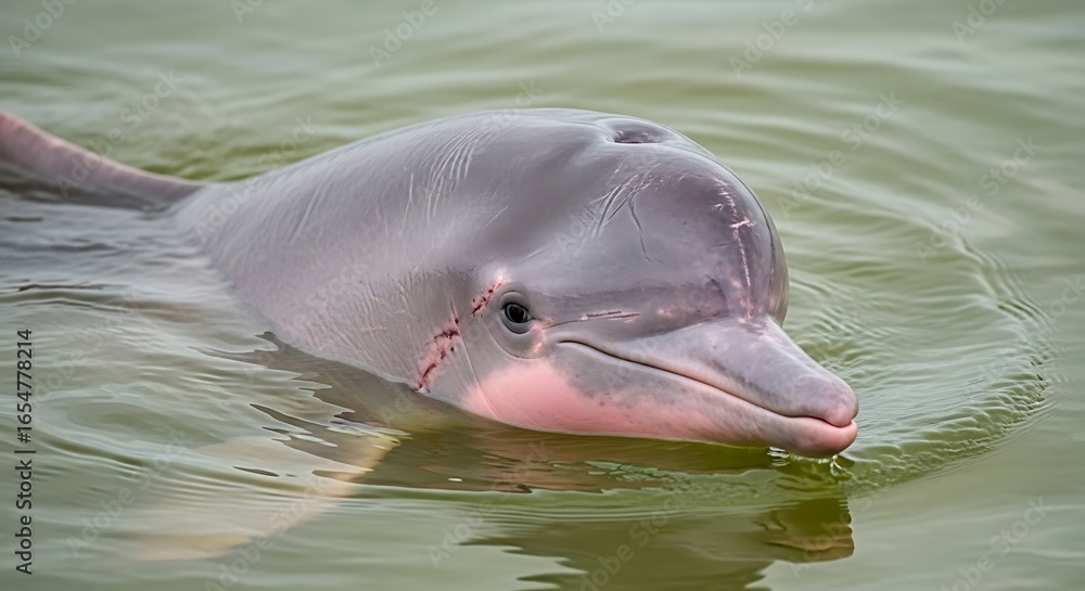 Fototapeta premium Close up shot of a playful pink river dolphin swimming gracefully through calm murky water showing its distinctive smile and gentle nature. Boto color pink