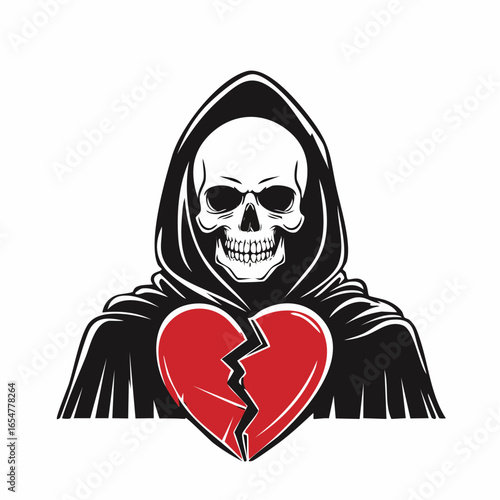 Skeleton in cloak with a broken heart symbolizing sorrow and emotional pain vector image.