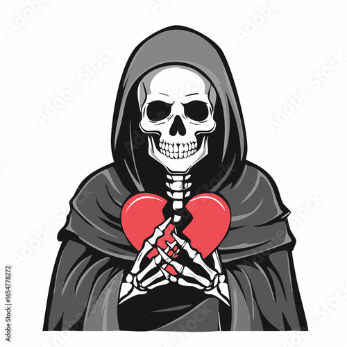 Skeleton in cloak with a broken heart symbolizing sorrow and emotional pain vector image.