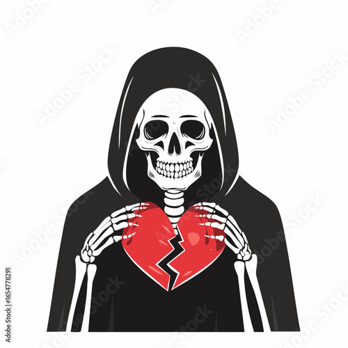 Skeleton in cloak with a broken heart symbolizing sorrow and emotional pain vector image.