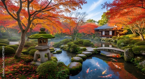 Photo of japanese garden in autumn with koi pond
