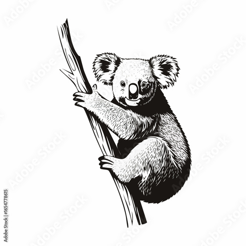 Koala clinging to a tree branch Image vector isolated on white background.