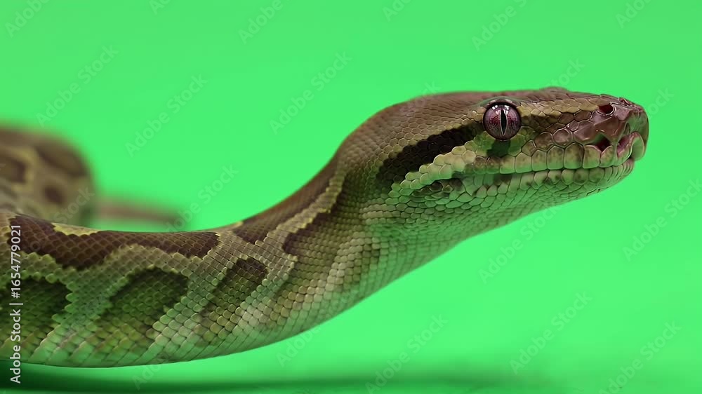 Close-up Profile of a Brown Patterned Python with Striking Eyes Against a Vibrant Green Screen Background Close-up Profile of a Brown Patterned Python with Striking Eyes Against a Vibrant Green Screen Background