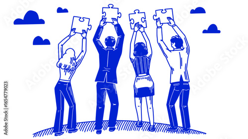 A business team solving a problems by doing the jigsaw puzzle pieces. Finance, team building concept. four people standing with elements of whole idea. outline hand drawn style