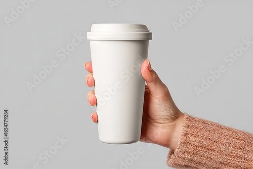 A hand holds a white reusable coffee cup against a gray background