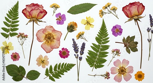 Pressed Colorful Flowers and Ferns Isolated on White Background