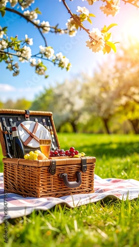 Spring picnic basket in orchard