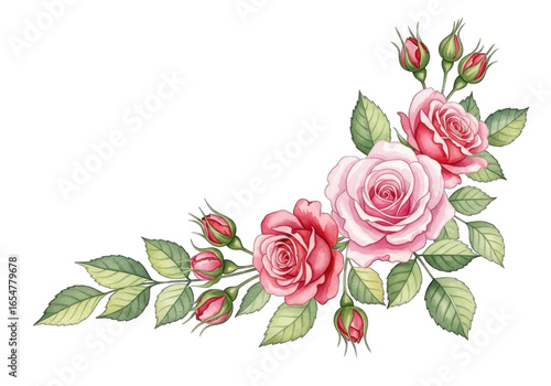 Pink roses with green leaves isolated on transparent background 