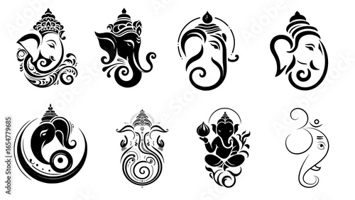 Foto Minimal Ganesha Face with Vighnaharta Typography – Modern Ganesh Logo Vector for