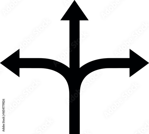 Vector art of three directional arrows splitting from one path, representing choices, decisions, and different ways forward transparent background