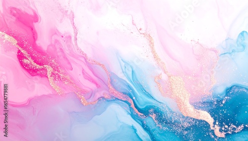 A captivating abstract design showcasing flowing, pastel pink and light blue hues, enhanced by delicate gold glitter accents.