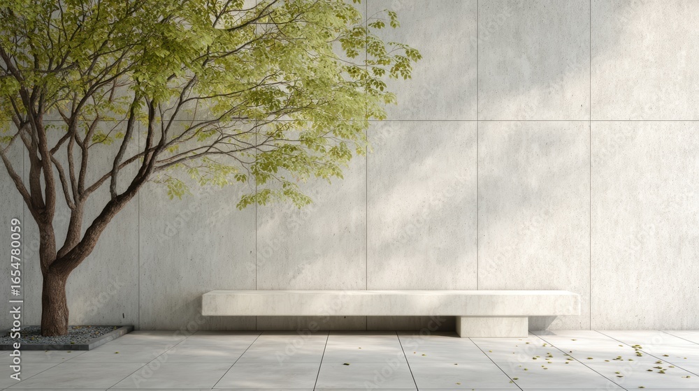 Modern outdoor setting with tree and concrete bench for urban design presentations, landscape architecture, real estate marketing, sustainable spaces

