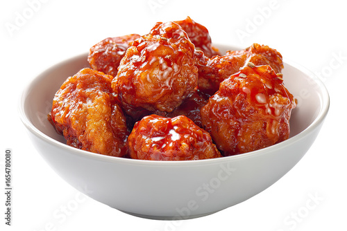 A bowl of  crispy, glazed chicken pieces