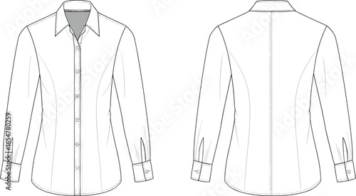 Classic button down shirt vector illustration, women’s long sleeve blouse design, professional office wear template, fashion garment sketch, stylish clothing pattern