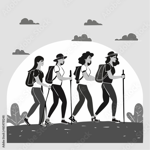 Black and white Group Of Young Woman Hiking  Image vector isolated on white background.
