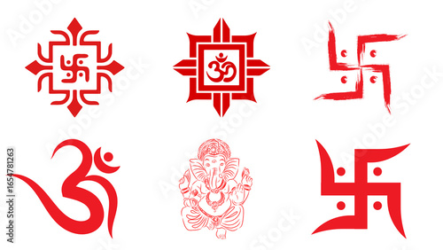 Schilderij op canvas Shree Ganesh Murti Symbol, Swastik, and Kalash Traditional Graphic, Swastik and