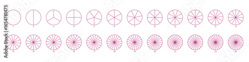 Segmented circles set. Diagram wheel parts. Line art segment slice sign. Circle section graph. Pie chart icon. Round diagram part infographic. Geometric element. Vector illustration