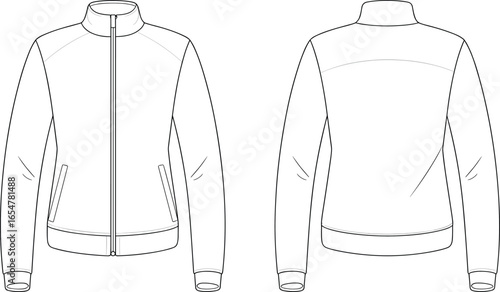 Men’s and women’s jacket fashion flat sketch, zip up outerwear design, clothing template vector, technical drawing, apparel sewing pattern illustration